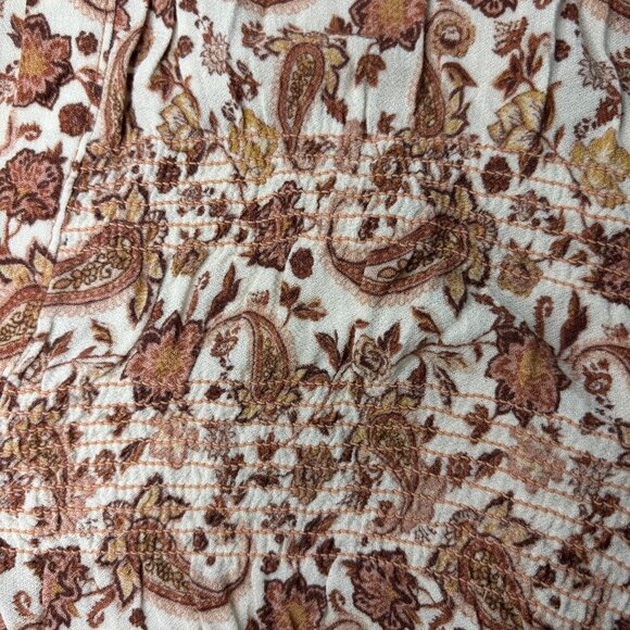 KNOX ROSE Top Women's Small Ivory Brown Hi Lo Hem V-Neck Smocked Tunic Paisley - Picture 2 of 5
